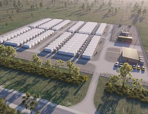 Rows of battery containers with a transformer station — illustrative example